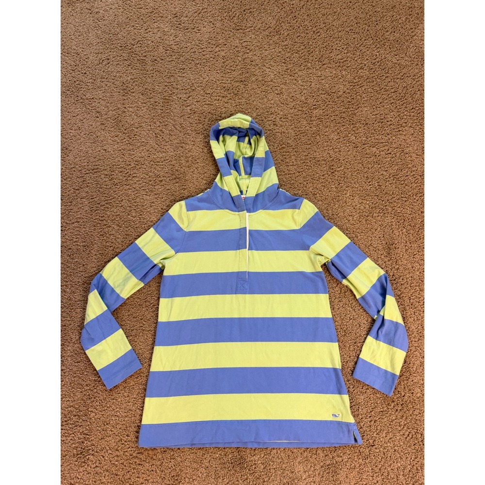Vineyard Vines Womens Blue Lime Green Striped Button Hoodie Sweatshirt Size M